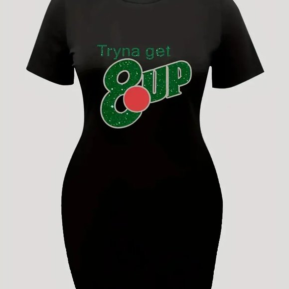 Plus Size Casual Dress, Women's Plus Glitter Letter Print Short Sleeve - Picture 2 of 3